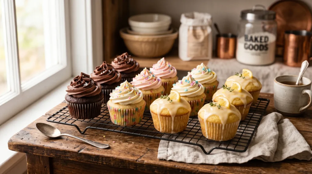 Assorted air fryer cupcakes including chocolate, vanilla sprinkle, and lemon glazed cupcakes displayed on a cooling rack with elegant bakery-style presentation.