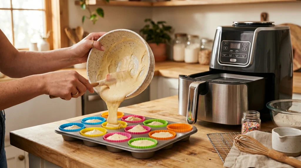 Cupcake batter being poured into silicone cupcake liners beside an open air fryer in a warm cozy kitchen setup with soft golden lighting.