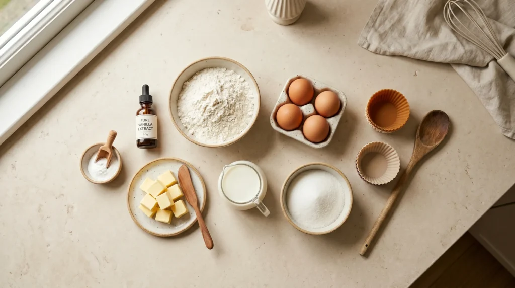 Flat lay of cupcake ingredients including flour, eggs, butter, milk, sugar, vanilla, baking powder, and silicone liners arranged neatly on a warm neutral countertop.