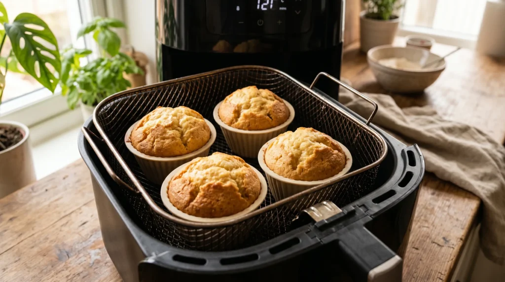 Close-up of soft homemade cupcakes rising inside an air fryer basket with golden tops, warm sunlight, and cozy modern kitchen styling.