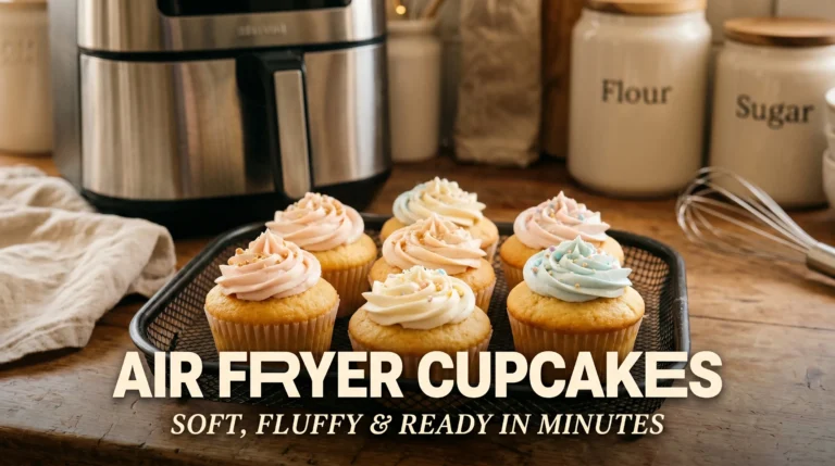 Six fluffy vanilla cupcakes baking inside a modern air fryer basket with creamy frosting swirls, warm bakery lighting, and cozy beige kitchen tones in a luxury Pinterest-style recipe image.