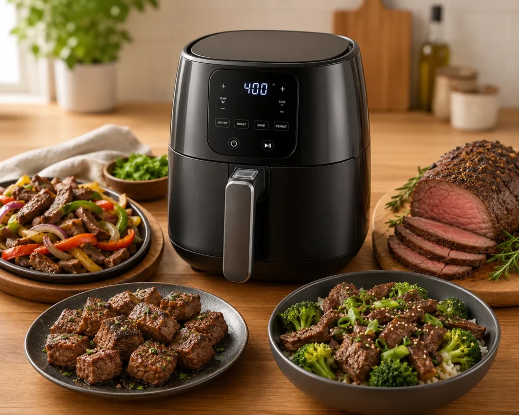 Modern air fryer on a wooden kitchen table surrounded by steak bites, beef fajitas, sliced roast beef, and beef broccoli bowls ready for serving.