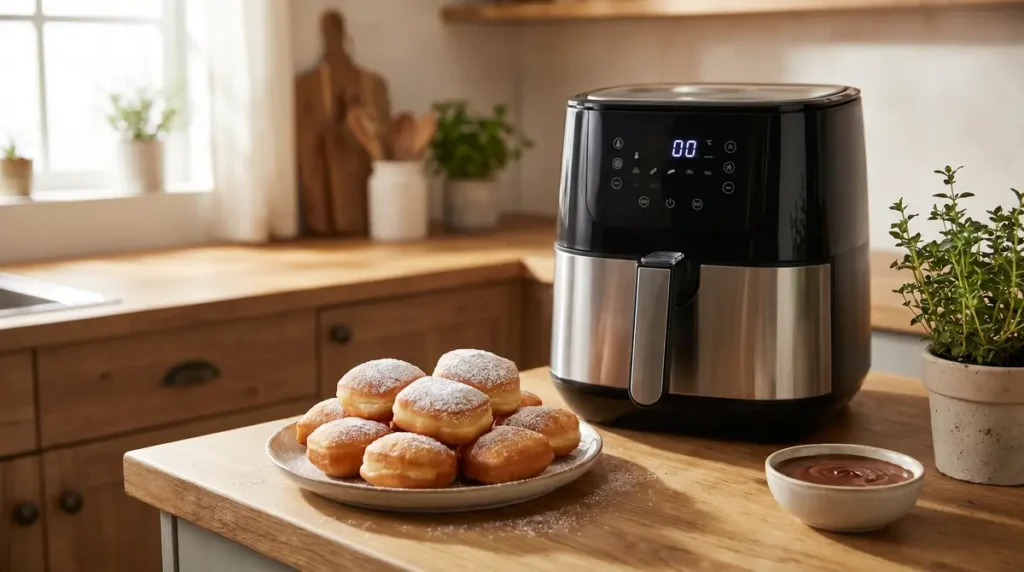 Air fryer on kitchen counter with doughnuts dusted with powdered sugar on a plate and chocolate dipping sauce