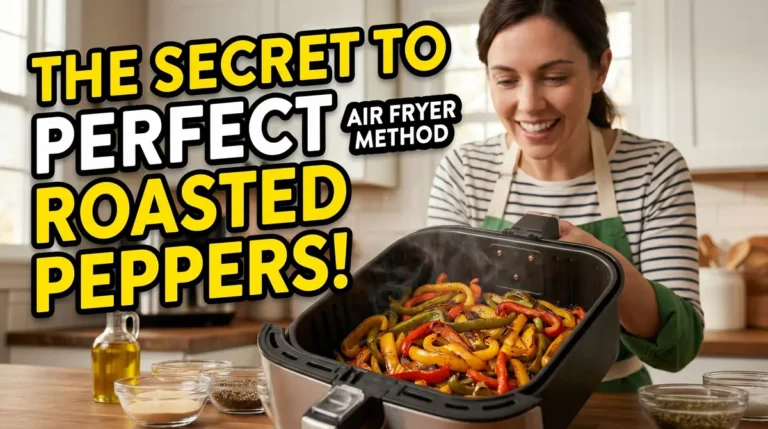 Smiling woman holding air fryer basket filled with freshly roasted bell pepper slices in a kitchen
