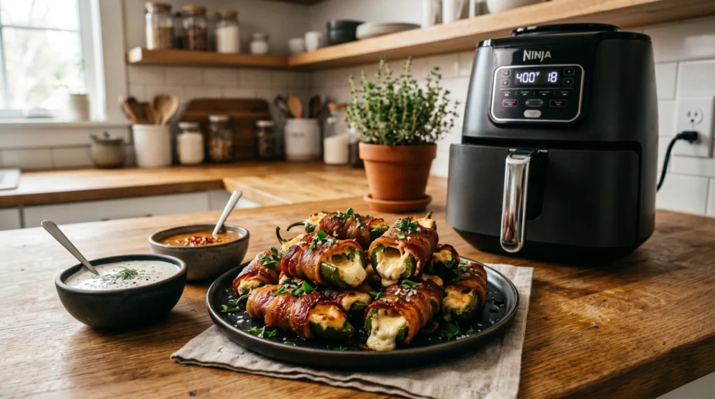 Bacon wrapped jalapeño poppers beside sauces and modern air fryer.