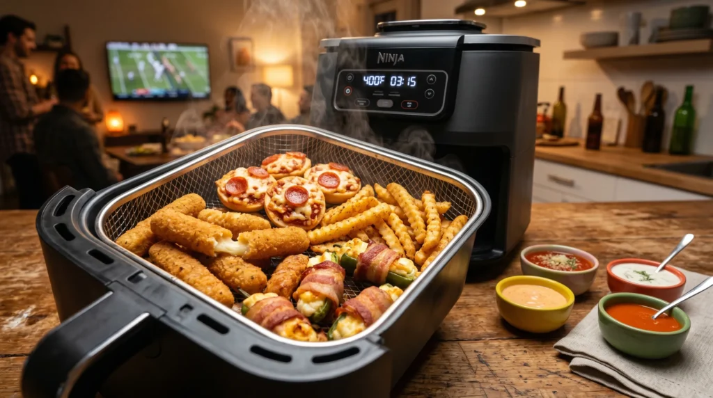 Frozen appetizers cooking inside air fryer basket beside dipping sauces.