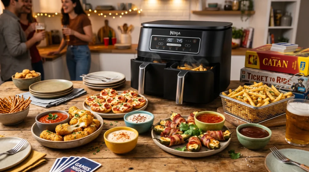 Air fryer surrounded by mozzarella bites, fries, bagel bites, and dipping sauces.