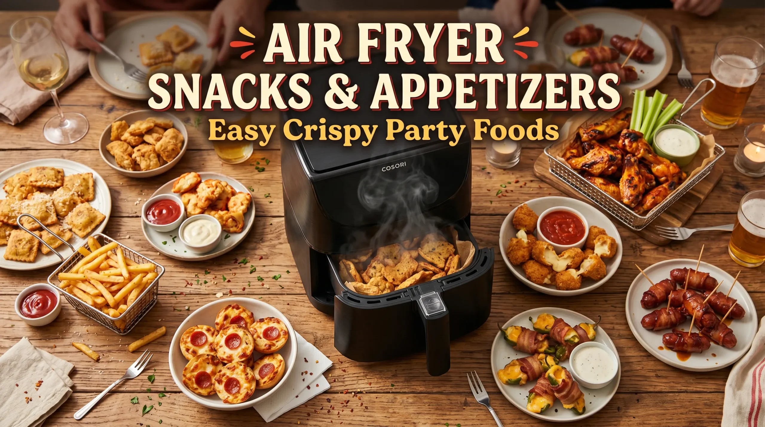 A variety of crispy air fryer snacks and appetizers arranged beside a modern air fryer with bold recipe title overlay.