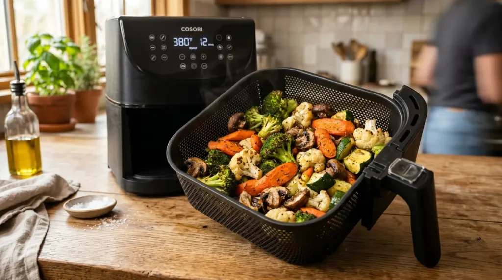 Roasted vegetables beside seasoning bowls and dipping sauces near air fryer baskets.