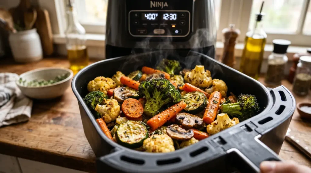 Roasted broccoli, carrots, cauliflower, zucchini, and mushrooms inside air fryer basket.