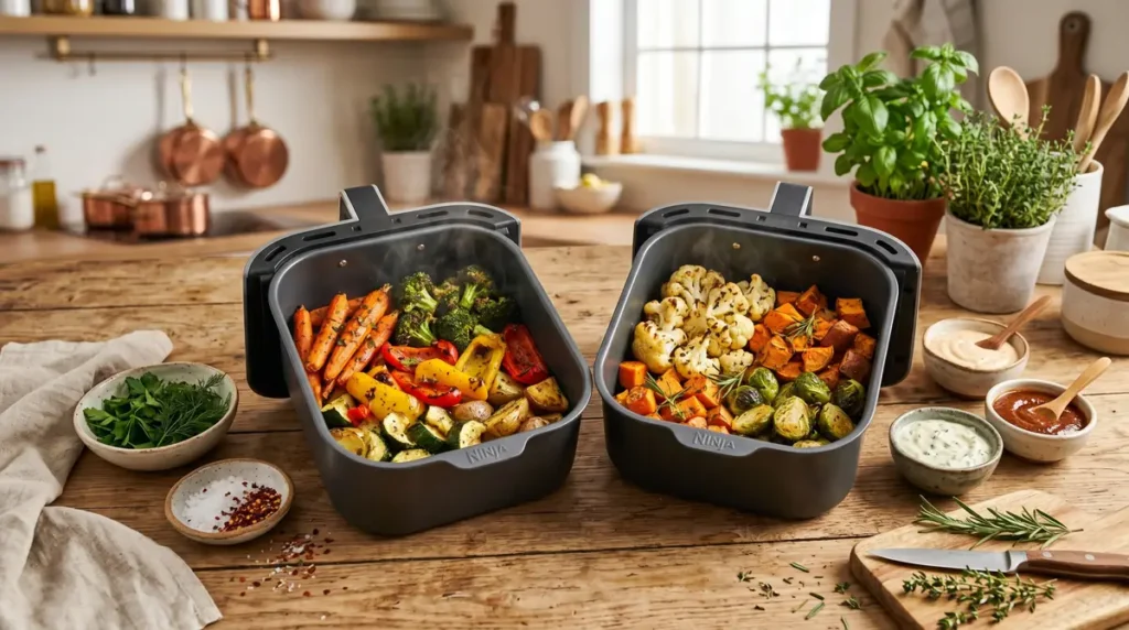 Fresh vegetables tossed with oil and seasoning beside air fryer basket.