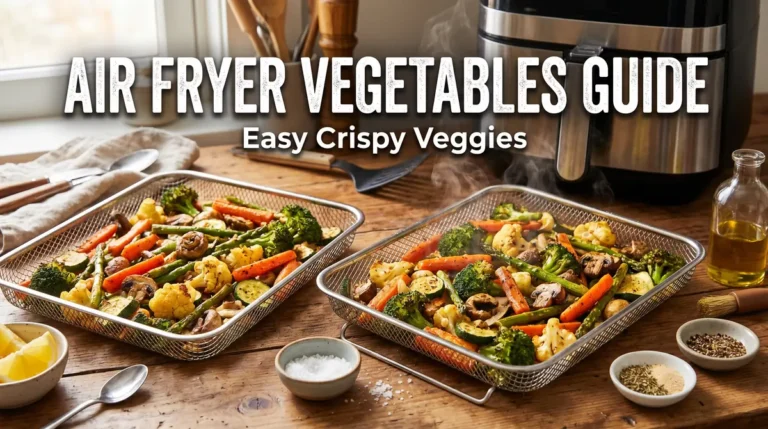 Colorful roasted air fryer vegetables beside a modern air fryer with recipe title overlay.