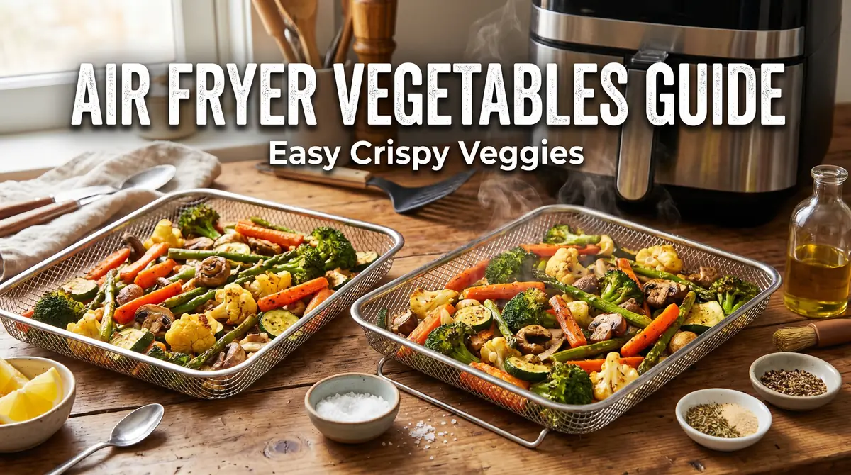 Colorful roasted air fryer vegetables beside a modern air fryer with recipe title overlay.