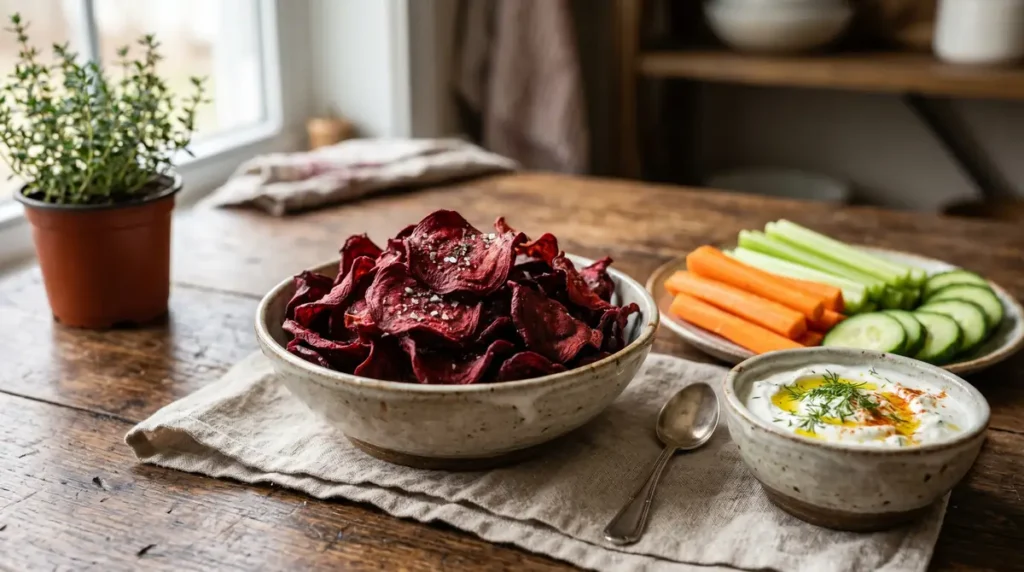 Beetroot chips in a ceramic bowl with carrot, celery, cucumber sticks and a bowl of dip on a wooden table