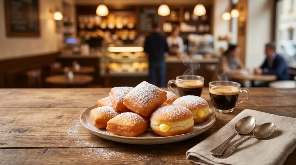 Plate with powdered sugar beignets and cream-filled donuts next to two steaming coffee cups on a wooden table