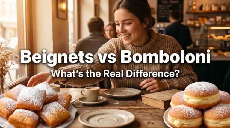 Smiling woman sitting at a wooden table in a cafe with plates of powdered sugar beignets and creamy bomboloni
