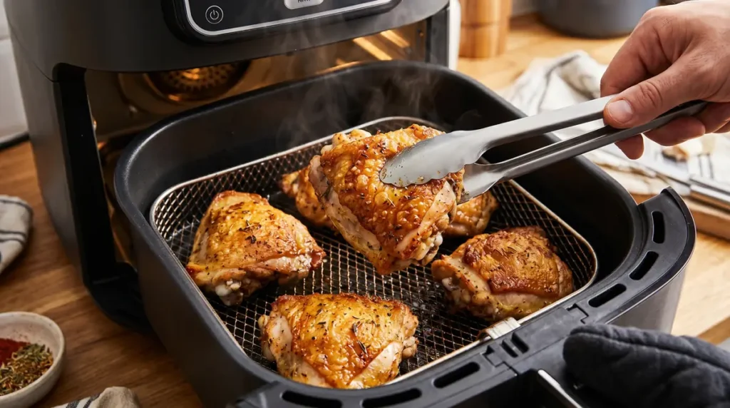 Hand using tongs to flip cooked chicken thighs in an air fryer basket on a wooden counter