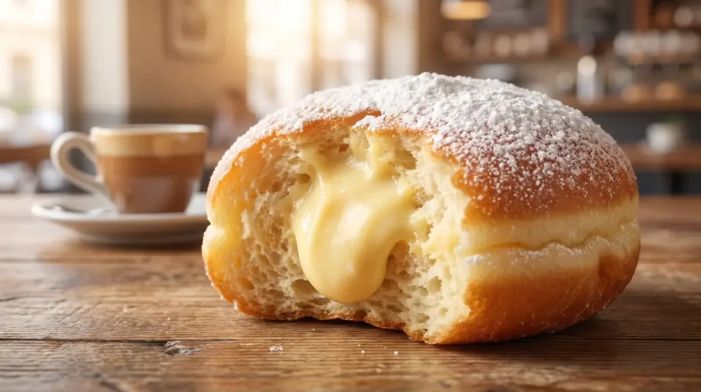 Close-up of a cream-filled doughnut dusted with powdered sugar on a wooden table with a coffee cup in the background