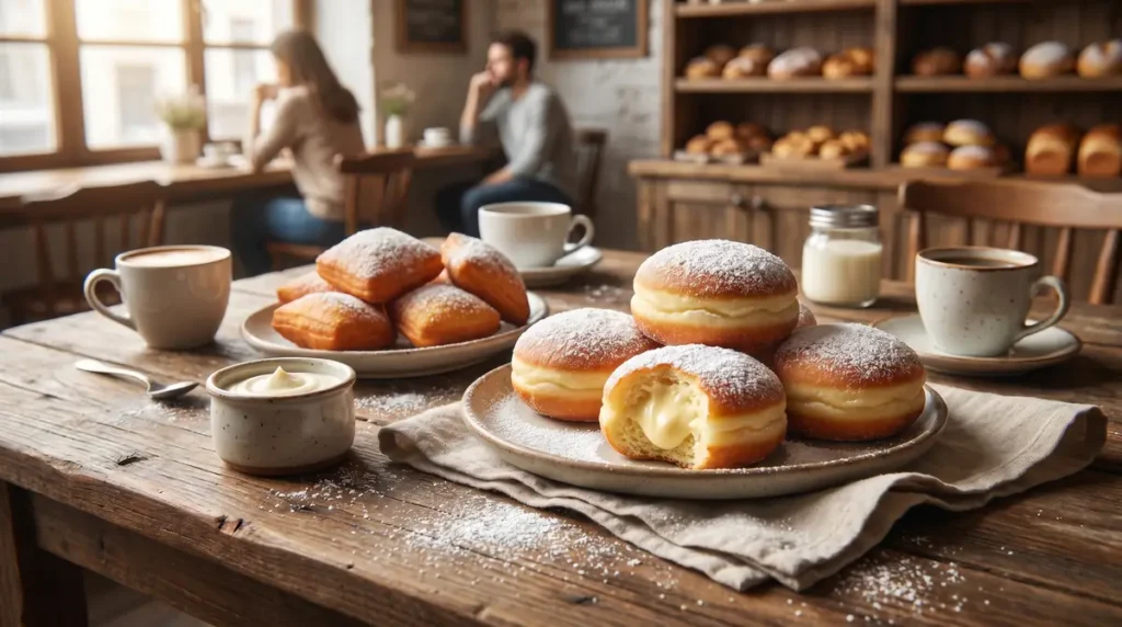 Plate of cream-filled doughnuts with powdered sugar and pastries with cups of coffee on a rustic wooden table