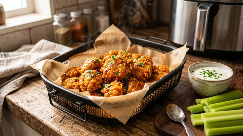 Crispy buffalo chicken bites in an air fryer basket with dipping sauce nearby.