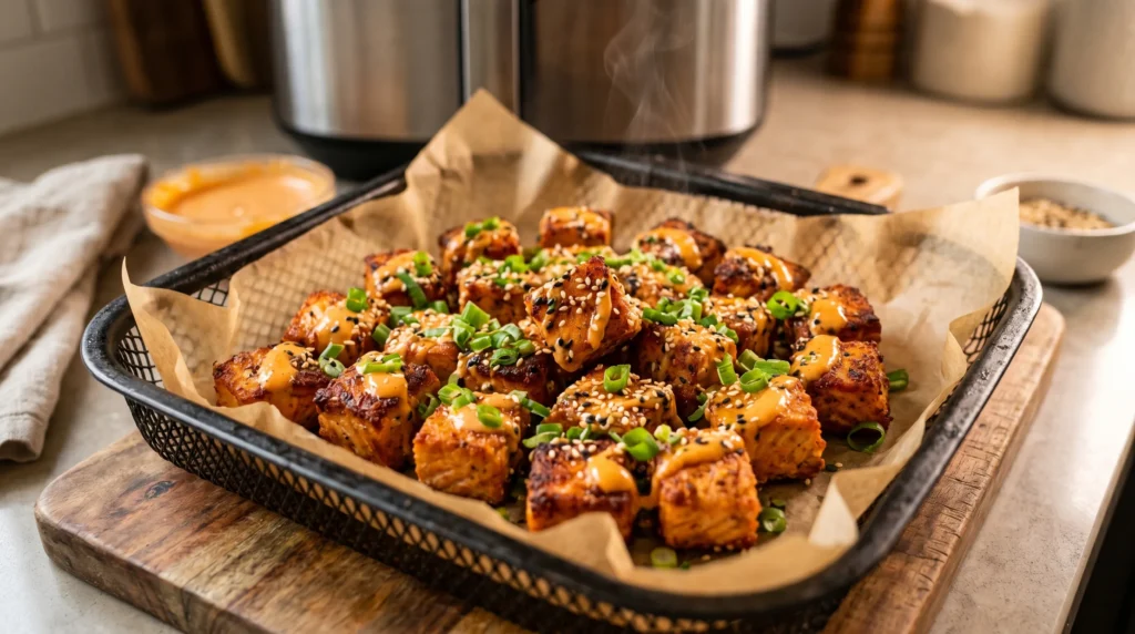 Crispy salmon bites in an air fryer basket topped with bang bang sauce.
