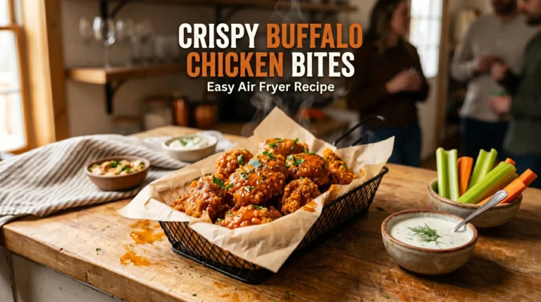 Crispy buffalo chicken bites inside an air fryer basket with ranch dip, celery sticks, and bold recipe title text overlay.