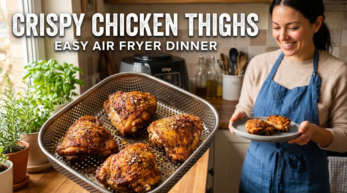 Golden crispy chicken thighs in an air fryer basket and a woman holding a plate with chicken