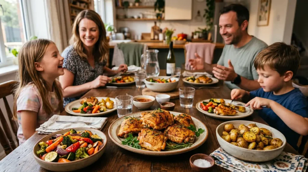 A family of four sitting at a dining table with plates of roasted chicken, vegetables, and potatoes