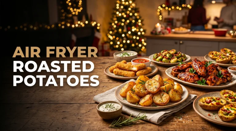 A vibrant holiday kitchen scene showing crispy air fryer snacks and festive dishes arranged on a table with warm cozy lighting and seasonal decorations in the background.