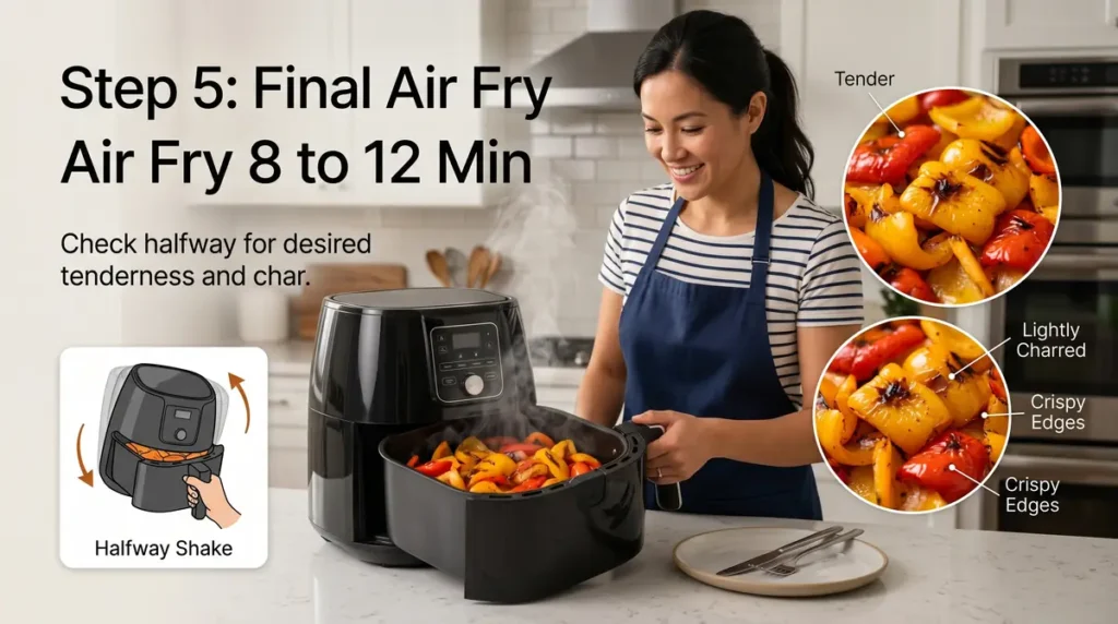 Woman in apron placing tray of roasted bell peppers into air fryer with steam rising