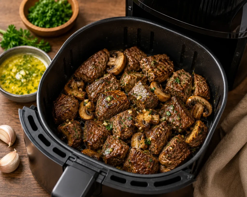 Garlic butter steak bites with mushrooms inside an air fryer basket beside a bowl of melted butter and fresh parsley garnish.