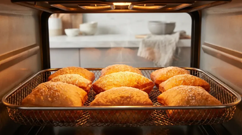 Golden brown pastries baking in an oven on a wire rack