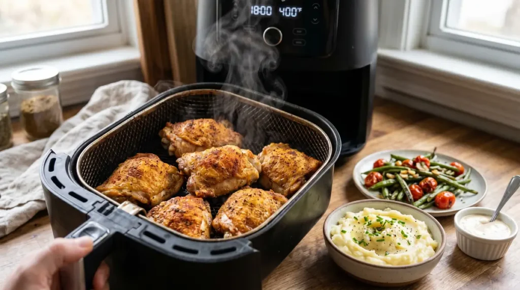Golden crispy chicken pieces steaming in air fryer basket with mashed potatoes and veggies on wooden table