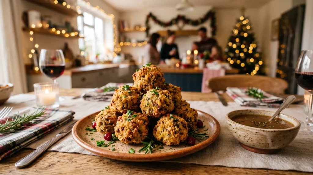 Crispy golden stuffing balls served on rustic plate with gravy dip in warm festive kitchen lighting.