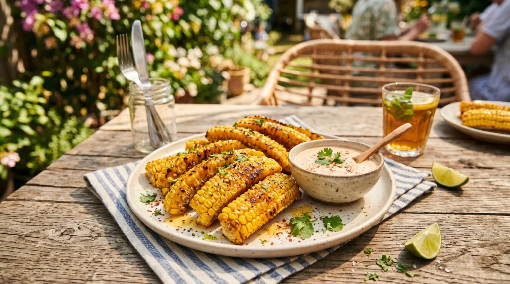 Golden roasted corn ribs seasoned with butter and spices served with dip in bright cozy kitchen setting.