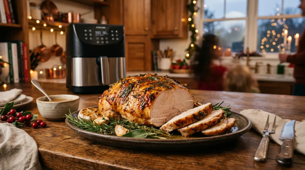 Golden roasted turkey breast glazed with garlic butter and herbs, sliced to show juicy interior in a cozy holiday kitchen.