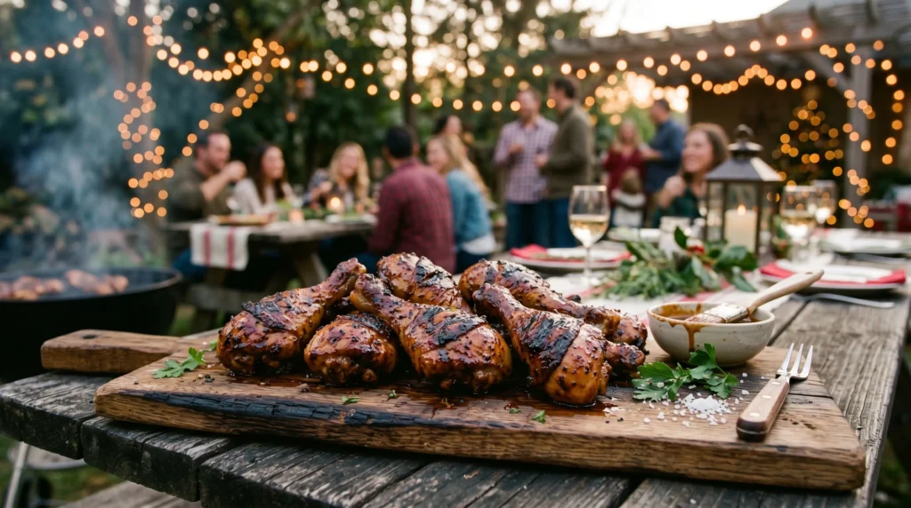 Sticky glazed BBQ chicken drumsticks on rustic board with smoky warm lighting and holiday table vibe.