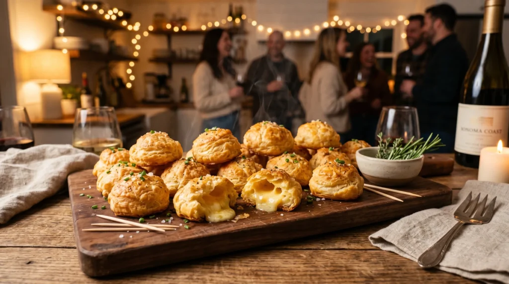 Golden flaky cheese puff bites with melted cheese inside served on wooden platter in cozy kitchen scene.