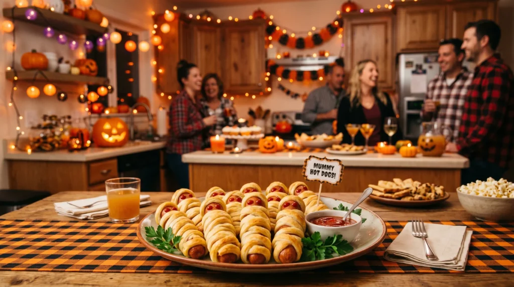 Fun mummy hot dogs wrapped in pastry with ketchup eyes on a party platter in warm Halloween-style kitchen.