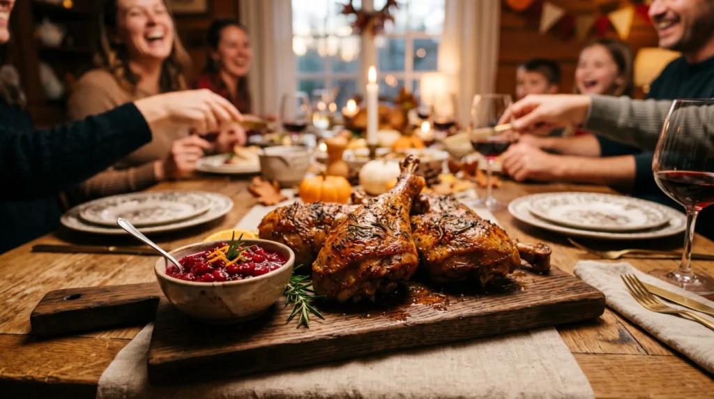 Crispy roasted turkey legs with shiny skin served on wooden board with cranberry sauce in festive lighting.