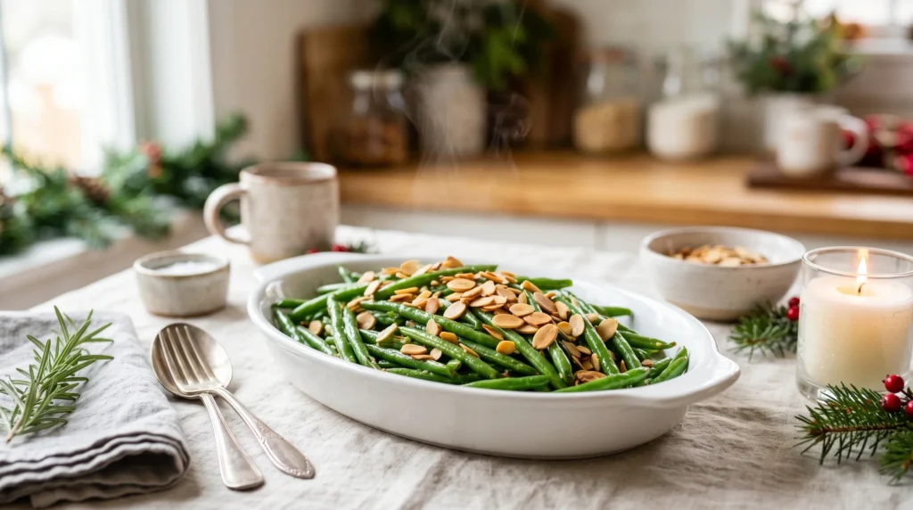 Fresh green beans topped with toasted almonds in a clean white dish with soft holiday kitchen background.