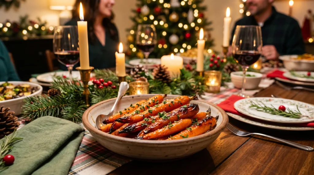 Glossy caramelized carrots in a serving bowl with warm golden lighting and cozy festive table setting.
