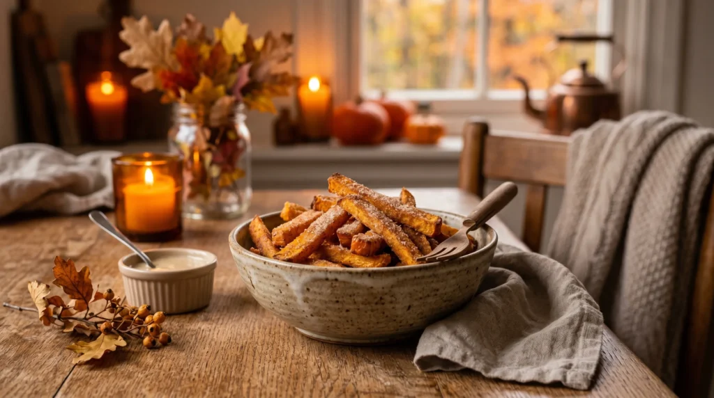 Crispy pumpkin fries dusted with cinnamon sugar in rustic bowl with autumn cozy kitchen background.