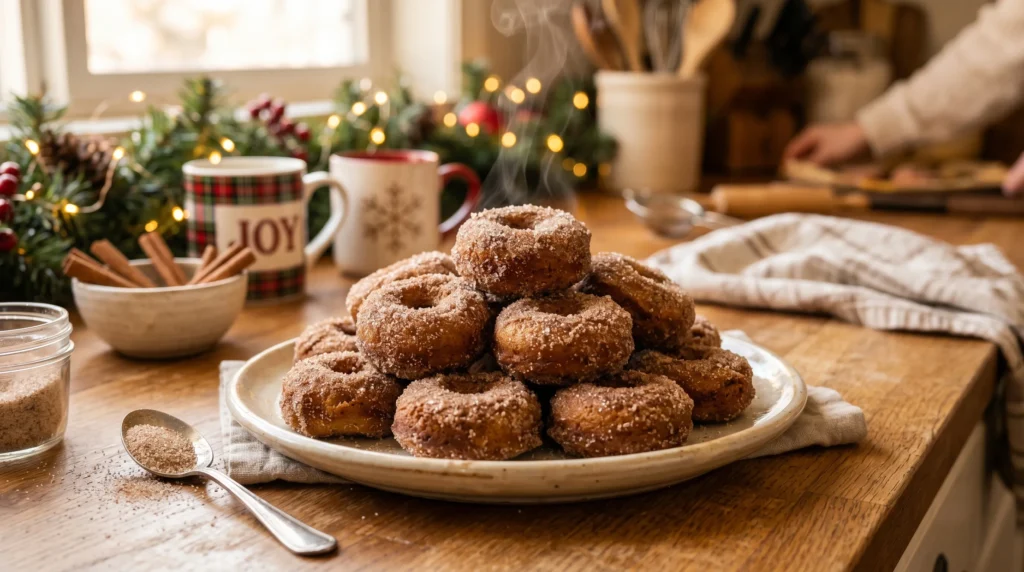 Air fryer donuts coated in cinnamon sugar with warm steam rising in a cozy bakery-style kitchen scene.