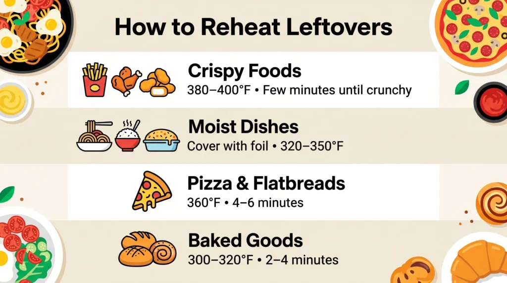 Infographic: How to Reheat Leftovers. Four categories with temperatures and times: Crispy foods 380–400°F, Moist dishes covered at 320–350°F, Pizza at 360°F for 4–6 min, Baked goods at 300–320°F for 2–4 min.