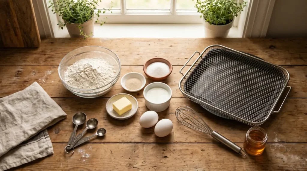 Measured flour, butter, eggs, milk, yeast, sugar, honey, whisk, and baking tray on wooden table