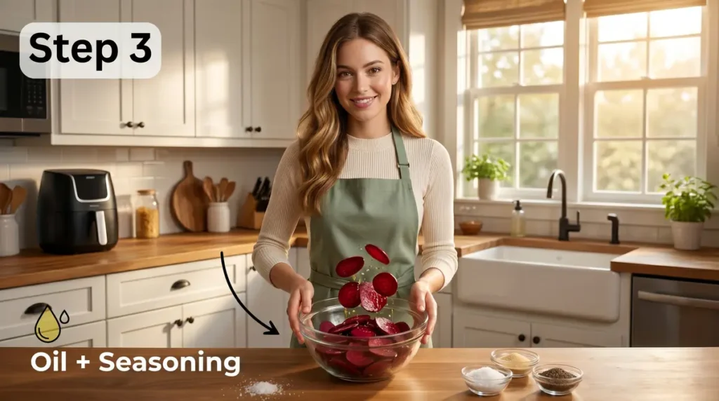 Woman wearing green apron mixing sliced beetroots with oil and seasoning in glass bowl