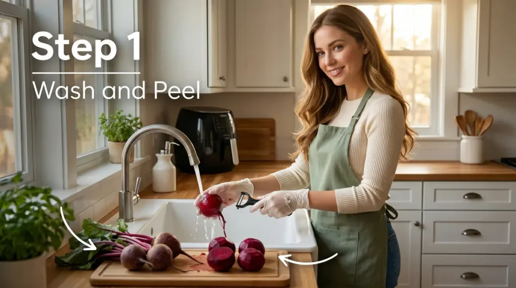 Woman in green apron peeling beets at kitchen sink with natural light