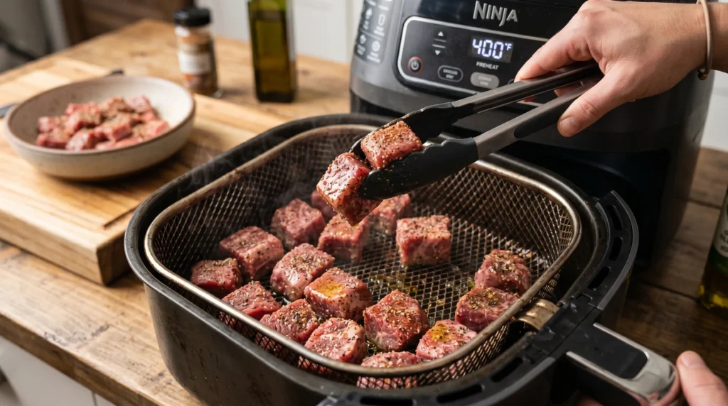 Raw seasoned steak bites being placed into a preheated air fryer basket with visible black pepper, garlic seasoning, and a light oil coating before cooking.