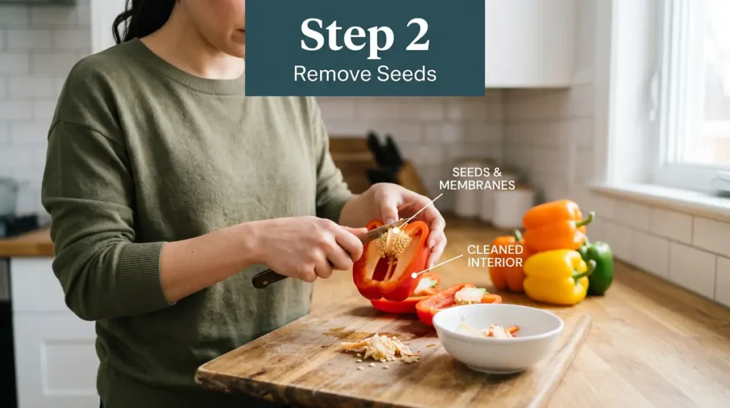 Person cutting seeds out of red bell pepper on wooden board